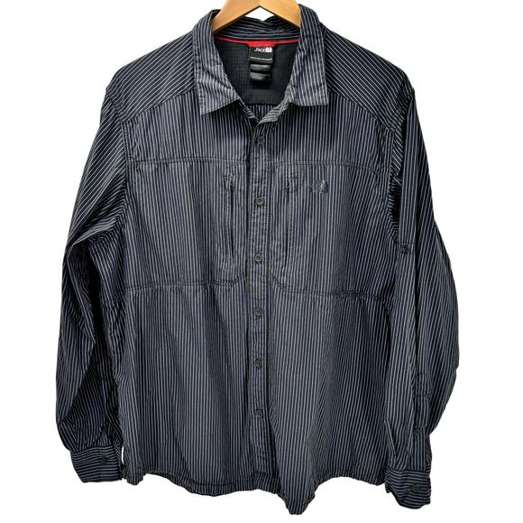 North Face Shirt Mens Large Button Up Long Sleeve Black Blue Stripe Pockets - Picture 1 of 9